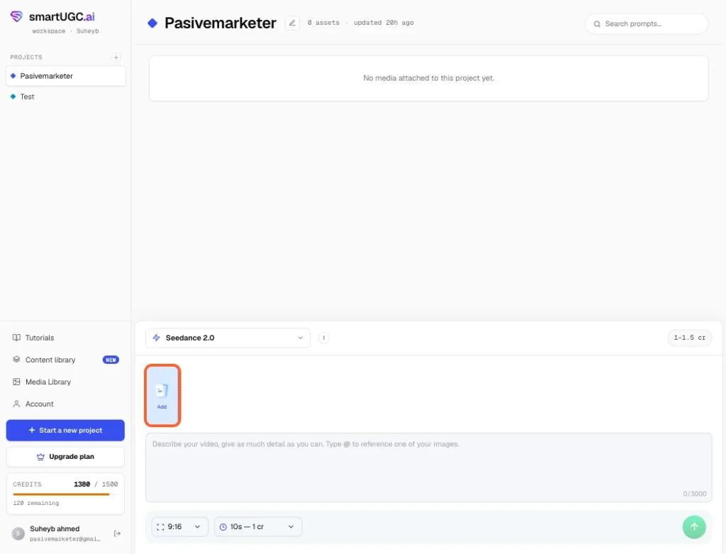 Click "Add" to upload a reference image — your product photo, or a person photo, depending on what you're generating.