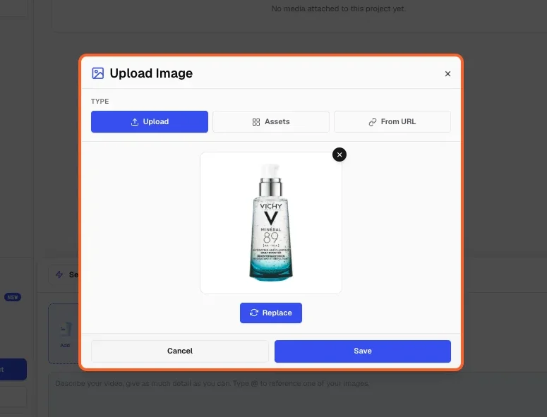 Click "Add" to upload a reference image — your product photo, or a person photo, depending on what you're generating.