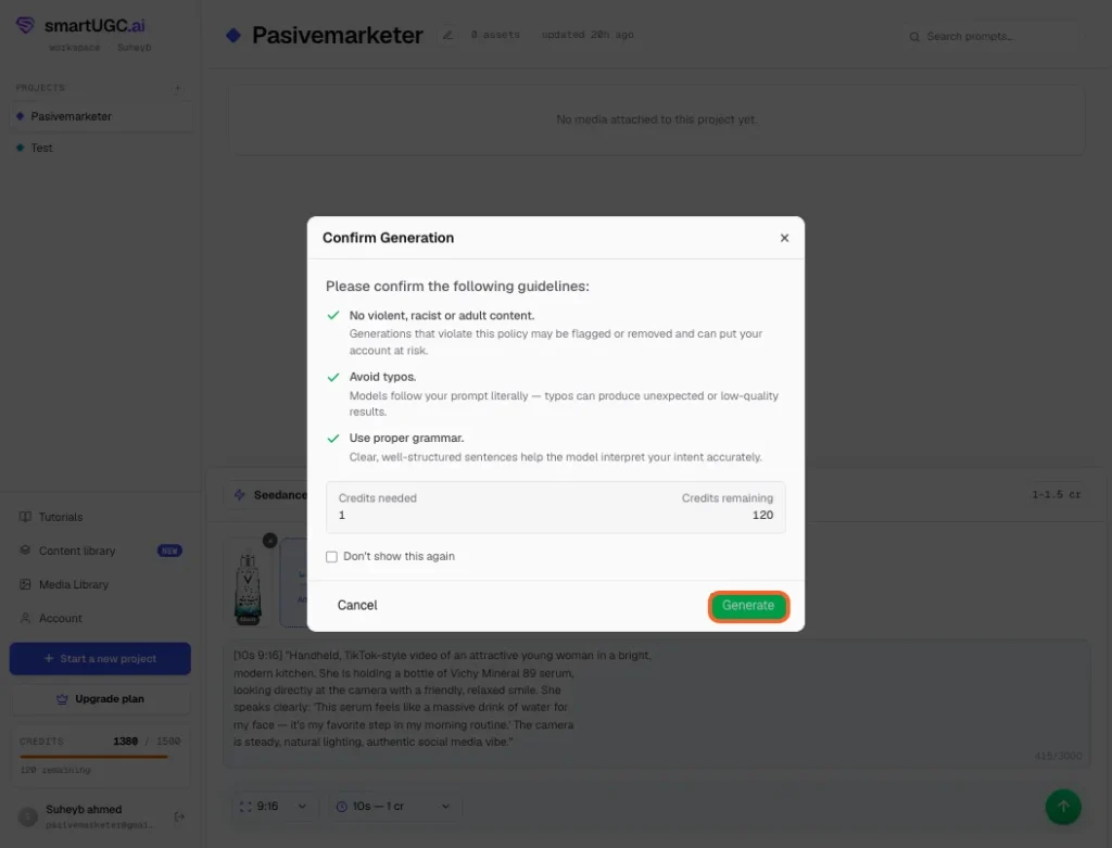 "Confirm Generation" window pops up with SmartUGC's content guidelines — no violent, racist, or adult content, avoid typos, use proper grammar. Check the credit count shown, then click "Generate.