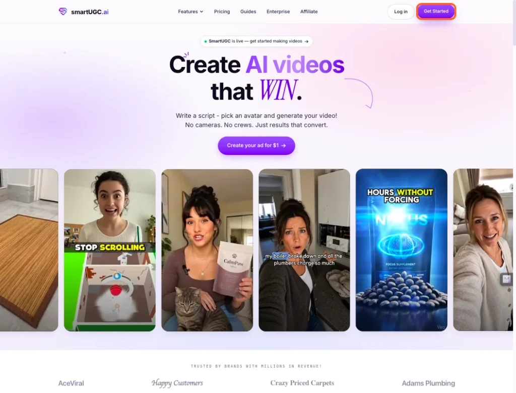 Go to smartugc.ai, then click "Get Started" in the top right.